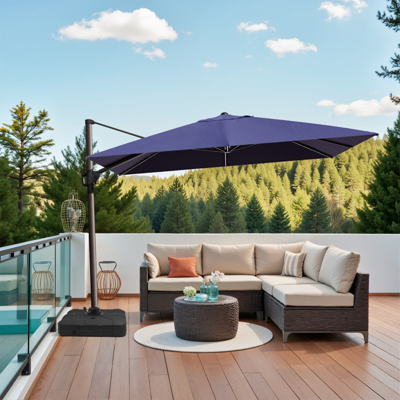 12' X 9' Rectangular Patio Cantilever Umbrella With Weighted Base, Navy Blue