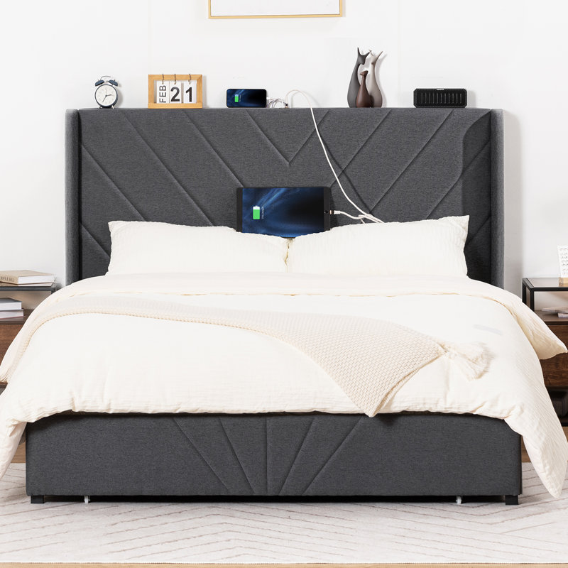 Bed Frame with Headboard and 3 Storage Drawers, Upholstered Platform Bed with Charging Station, Steel Slat Support, No Box Spring Needed, Easy Assembly