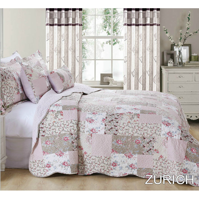 Printed Bedspread Set Dmask Pattern with Matching Pillow Shams, Soft Microfiber Coverlet, Lightweight & All-Season Bedding
