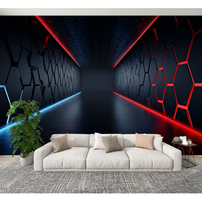 Futuristic 3D Peel and Stick Wallpaper Hexagonal Honeycomb Panel Corridor Neon Glow Dark Tech Style Wall Murals 100"H x 144"W Removable PVC Wall Paper Self-Adhesive Wall Decor for Bedroom Living Room Play Room