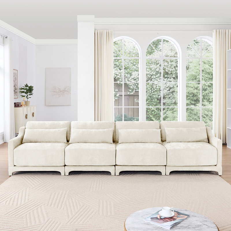 Canapé à quatre places en chenille avec coussin lombaire, structure ergonomique en bois massif