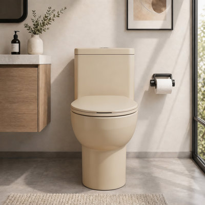 WC monobloc moderne pour salle de bain (1,28/0,8 gal/min), double chasse d'eau avec cuvette sans bride, système de chasse à siphon Tornado et abattant à fermeture amortie.