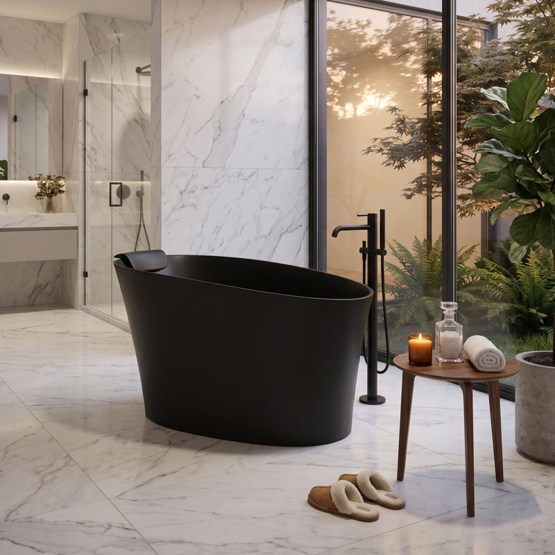 Baignoire autoportante ovale 51 po à surface solide - Siège et appui-tête intégrés, trop-plein et bonde inclus, Black