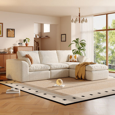 108'' Boneless Cloud couches for Livingroom,Sectional    L-Shape Couch With Ottoman,3 Seater Convertible Modular Soft sofa,White