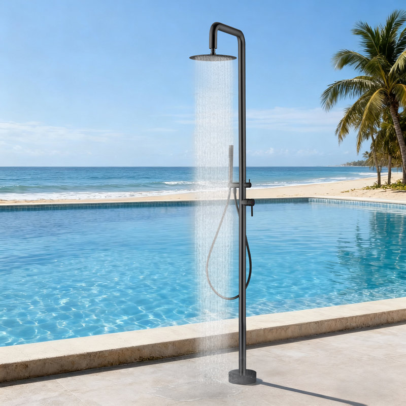 Douche d'extérieur autoportante en acier inoxydable H 87 po avec douche à main H 87 po, Noir mat