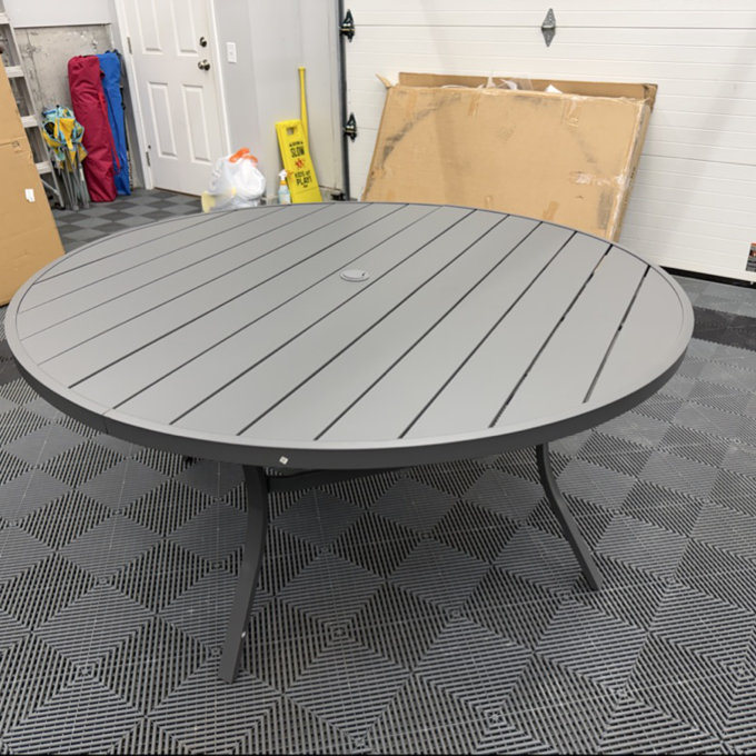 Patio Metal 60 L x 60 W Outdoor Round Dining Table - Brush Wood Gray/Black
