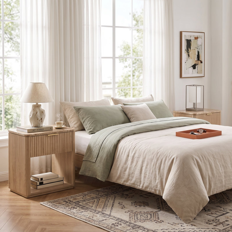 Fluted Nightstand Set of 2 With Faux Marble Top & 2" Thick Panels, 3-Sided Fluted Bedside Table Round Corner, Oak, Set of 2