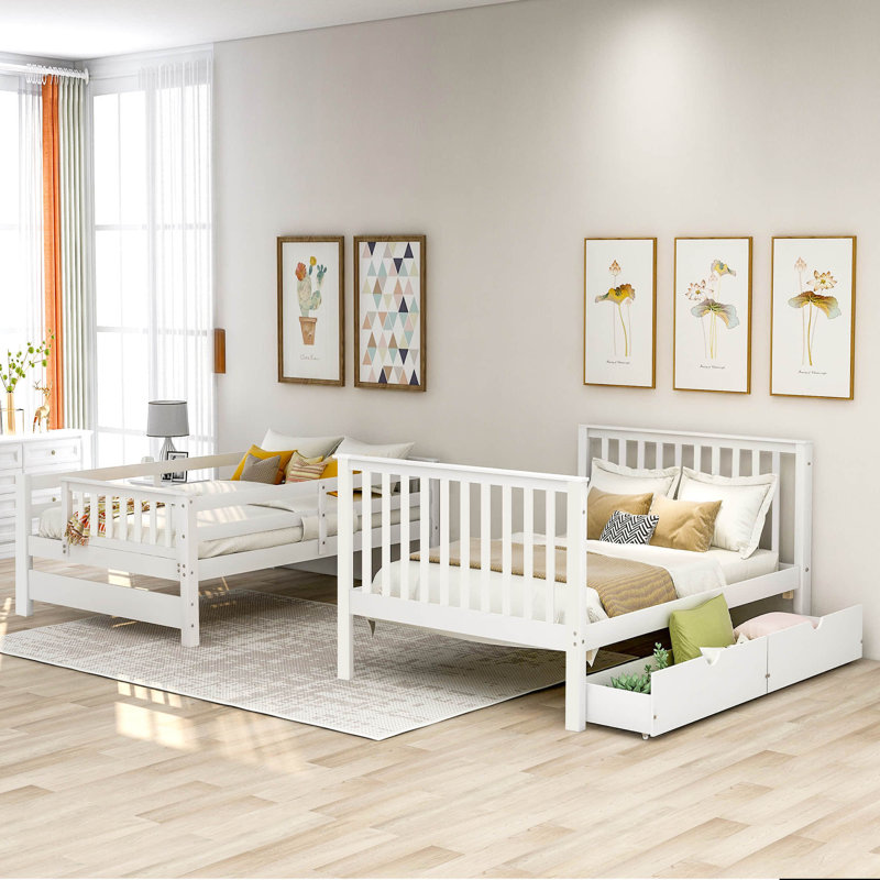 Lit superposé double 6 tiroirs avec tablettes Baiss par Harriet Bee, Blanc