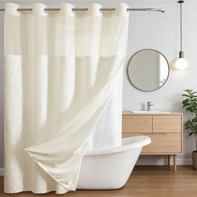 No Hook Shower Curtain And Liner Set With Snap-In Liner Replacement, Tufted Striped Textured Fabric, Boho Style With See-Through Top Window, Waterproof And Easy To Install