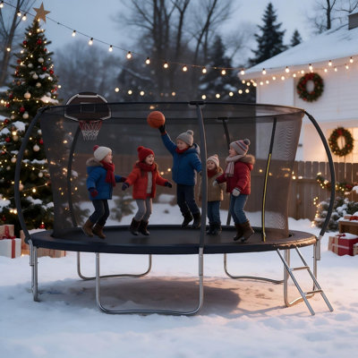 Trampoline extérieure de 4,27 m (14 pi) pour enfants et adultes, homologuée ASTM, avec filet de sécurité et panier de basket.