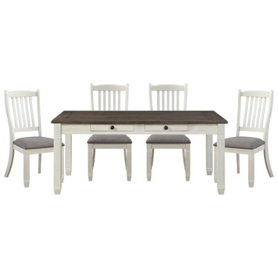 Ensemble de table de salle à manger 5 pièces à finition blanche antique avec 6 tiroirs et 4 chaises d'appoint rembourrées de style décontracté