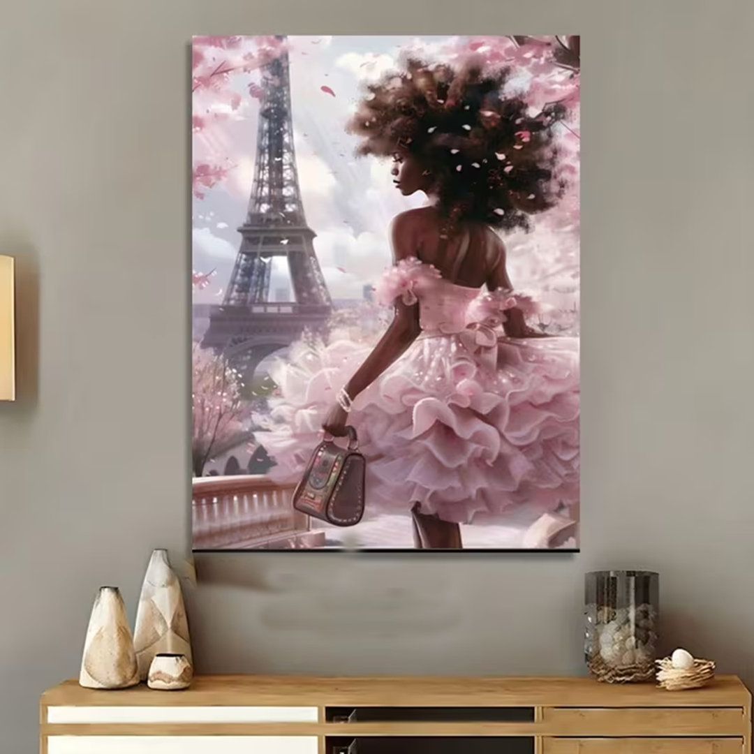 45*30,1Pc African Woman Canvas Painting - Elegant Paris France Backdrop With Eiffel Tower, Pastel Pink Floral Dress In Soft Pink & Brown Tones - Moder