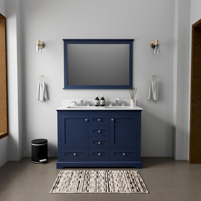 48 po Le meuble-lavabo double W bleu marine comprend un comptoir en quartz blanc, un robinet et un miroir suspendu de 46 po.