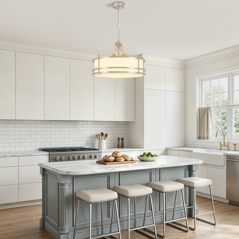 Lustre à tambour moderne de style ferme à 5 lumières en nickel brossé avec abat-jour en tissu blanc, suspension idéale pour salle à manger, îlot de cuisine ou hall d'entrée.
