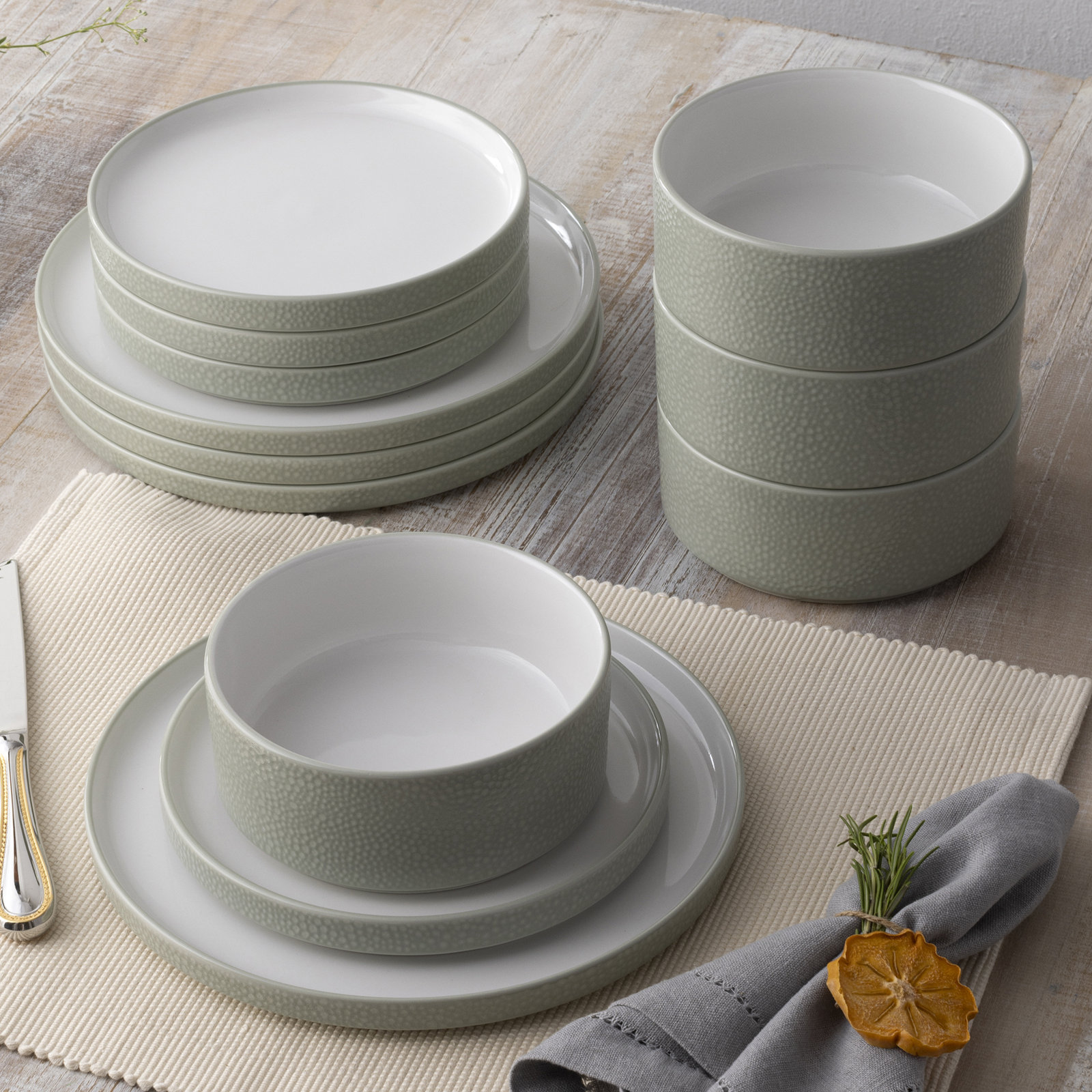 Noritake Colortex Stone 12-Piece Dinnerware Set, Service for 4, Sage