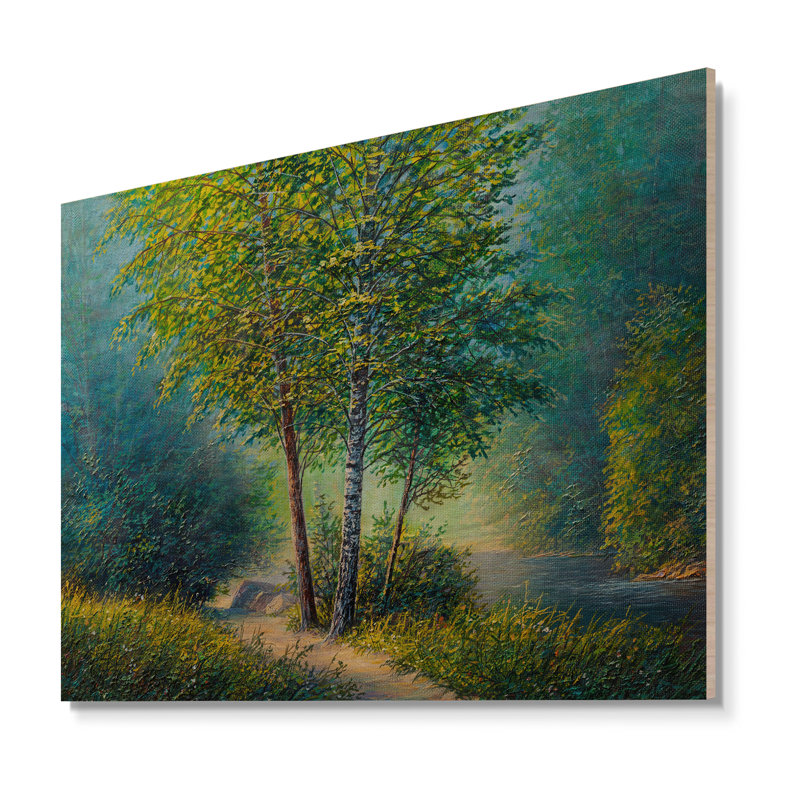 Three Vibrant Trees by the River - Peinture sur toile, H 24 po x l 36 po x P 1 po, Bois de pin