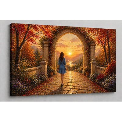 Grande art mural sur toile 24 x 36 pouces, femme marchant vers une arche rougeoyante, chemin forestier d'automne, peinture au coucher du soleil chaude, œuvre d'art pour la décoration intérieure prête à être accrochée