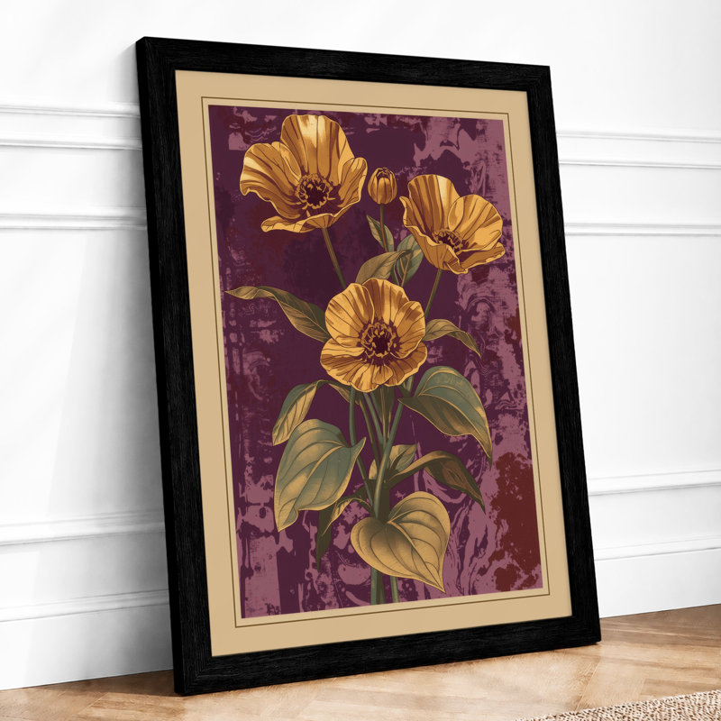 Golden Blooms On Purple Botanical - Print, Black, A3 - 42.0 x 29.7 cm