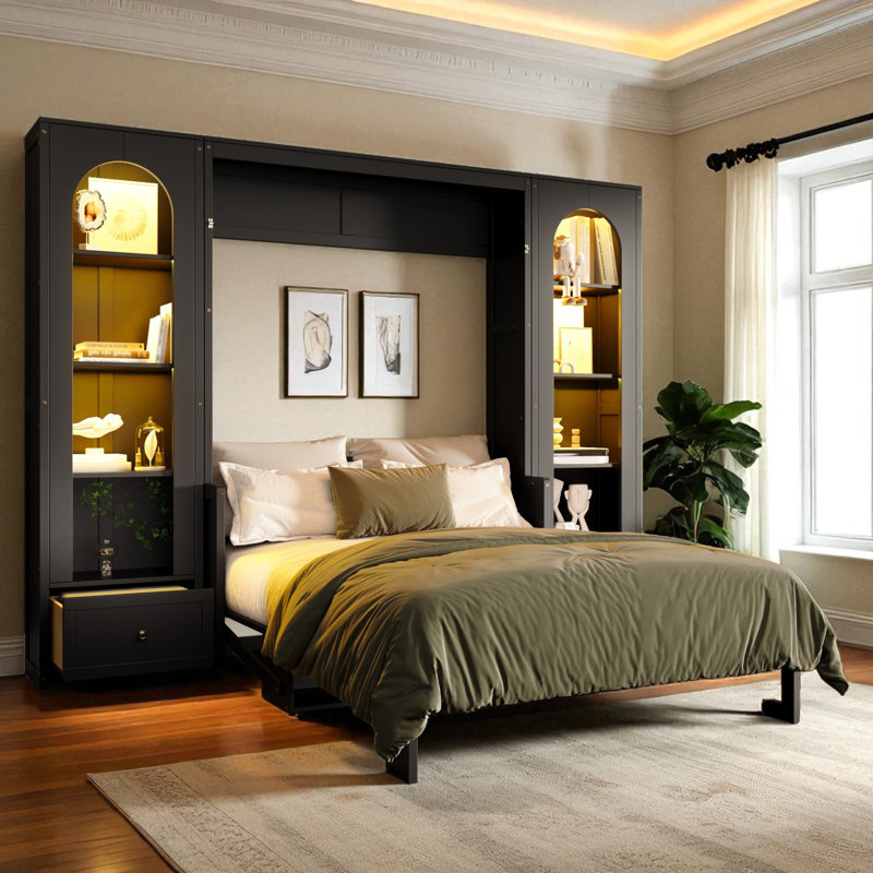 Grand lit escamotable avec rangement et lumière DEL, Noir