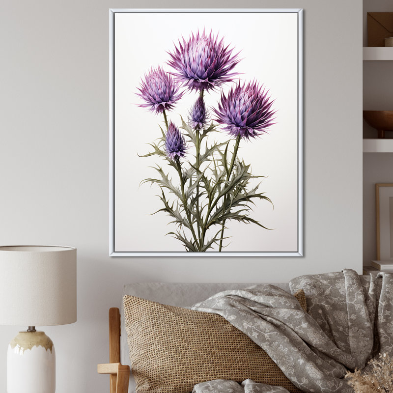 Rustique mauve et Whitethistle - chardon, art mural, Cadre flottant blanc, H 20 po x l 12 po x P 1 po
