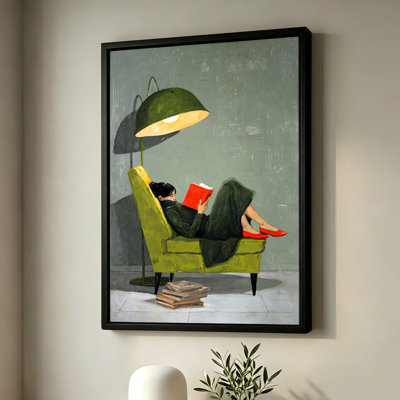 Woman Reading a Red Book in a Green Armchair, Realist Oil Painting Style, 16" x 24" Black Floating Frame Canvas Wall Art