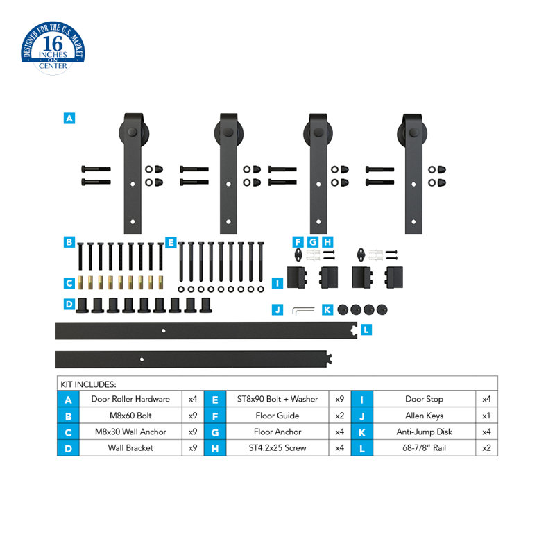 Black Solid Steel Sliding Barn Door Hardware Kit
