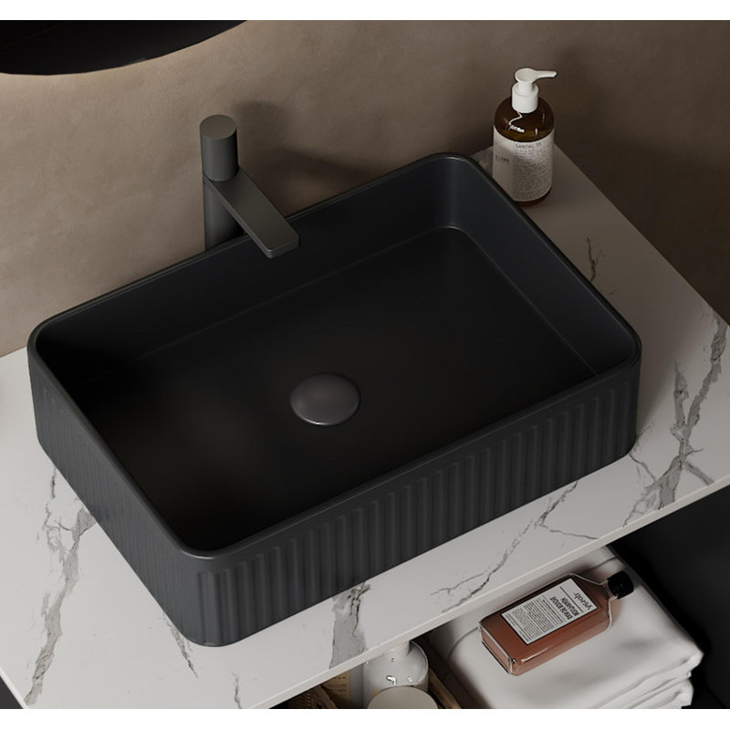 20-Inch Rectangular Striped Vessel Ceramic Bathroom Sink - Faucet & Cabinet Not Included., Black