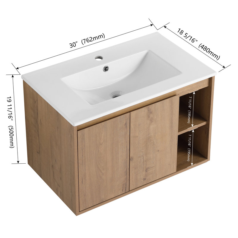30 Inch Single Sink Wall Mounted Vanity , Oak Bathroom Vanity Set with 2 Doors and Ceramic Basin Sink