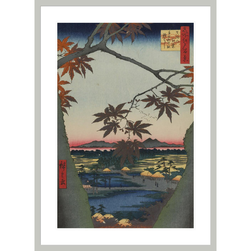 Érable au sanctuaire de Mama Tekona et pont lié n ° 94 de Cent vues célèbres d'Edo par impression giclée encadrée