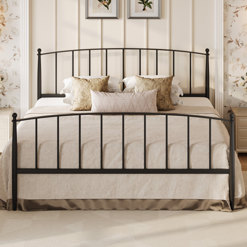 Metal Bed Frame With Victorian Style Iron-Art Headboard And Footboard, Black, King
