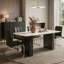 Rectangular Marble-Effect Dining Table with Perforated Black Metal Legs, Seats 6-8 People