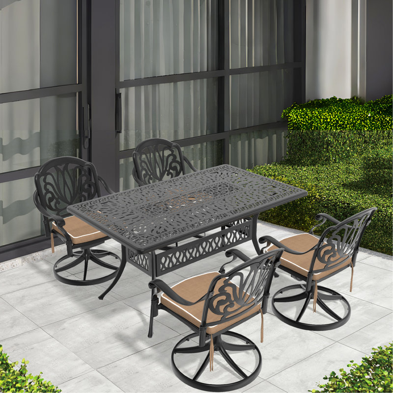 All-Weather 5 Dining - 4 Swivel Chairs & Rectangular Table With Black And Weather- Cushions Outdoor Cast Aluminum