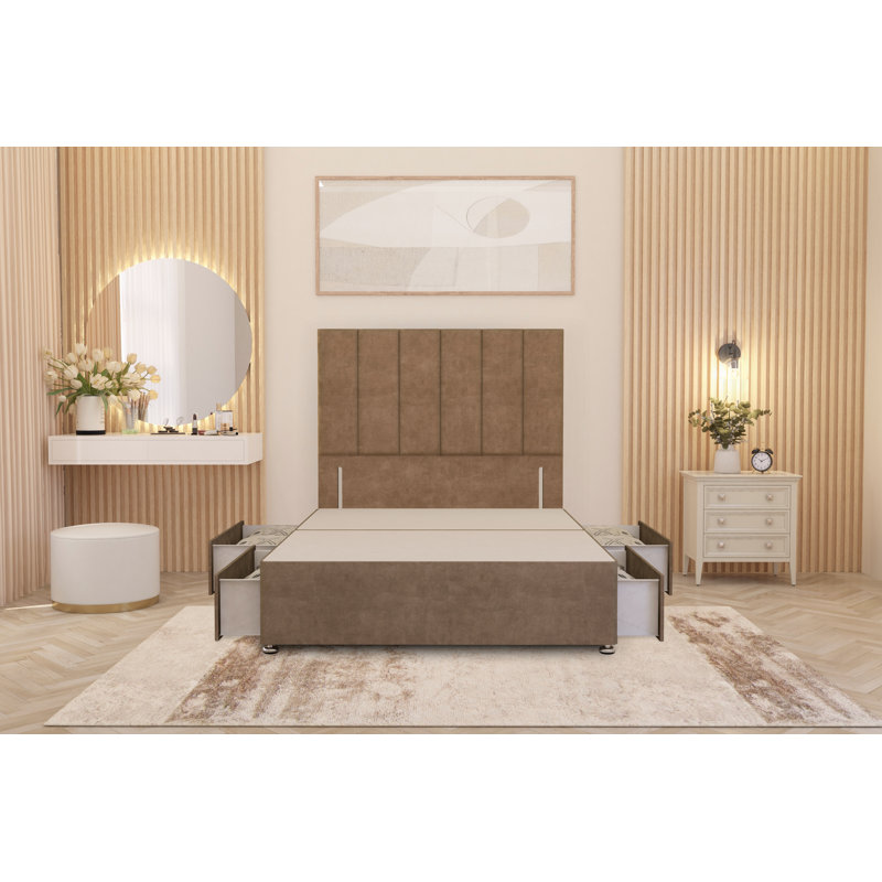 Asterin Divan Bed Base with 54" Floor Standing Headboard Plush Velvet, Super King (6'), 4 Drawers, Beige
