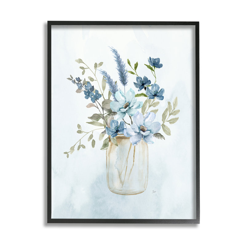 Bb-126-Bouquet floral bleu encadré sur bois par Nan, Giclée encadrée noir minuit, H 20 po x l 16 po x P 1,5 po