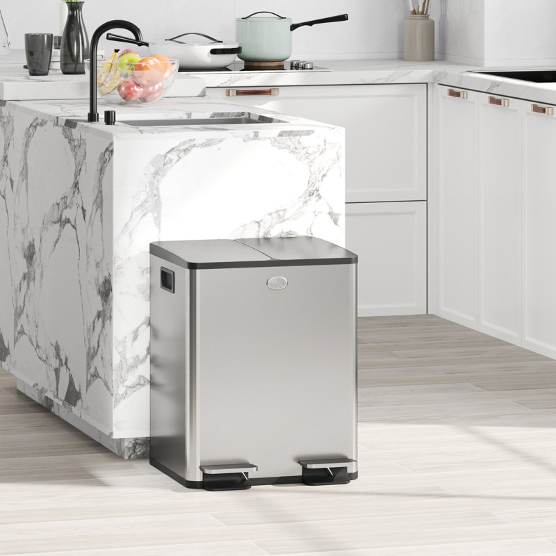 Double poubelle, poubelle 2 x 20 litres avec couvercle à fermeture douce, Argent argent