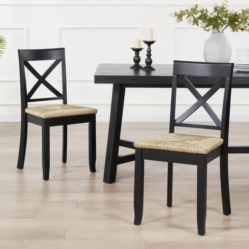 Solid Wood Farmhouse Style X-Back Dining Chair With Woven Seat, Black
