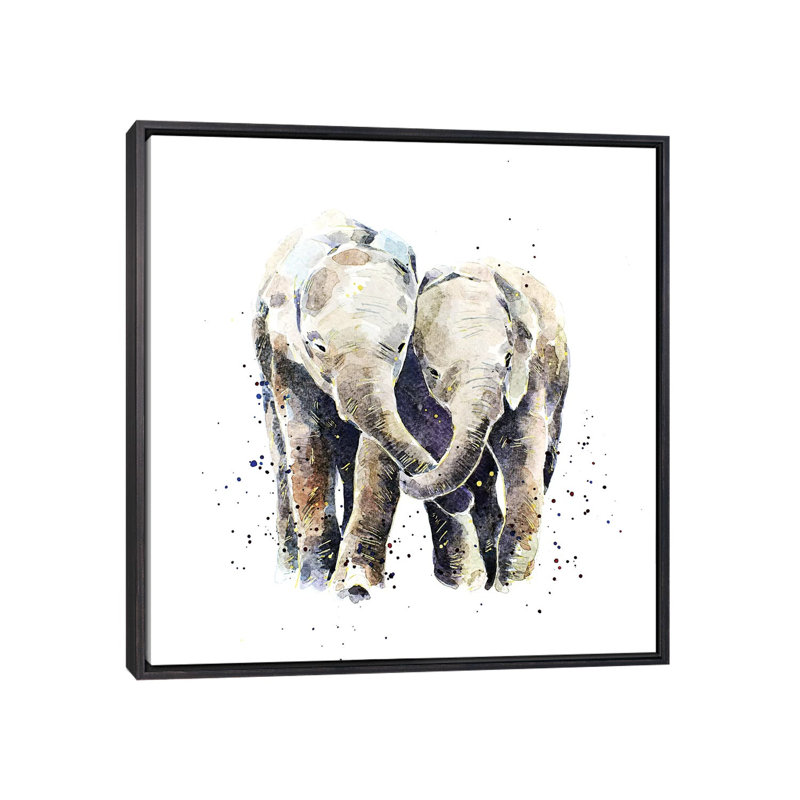 Deux éléphants par EdsWatercolours - impression, Pas de tapis, H 18 po x l 18 po x 1,5 po, Toile avec cadre noir patiné