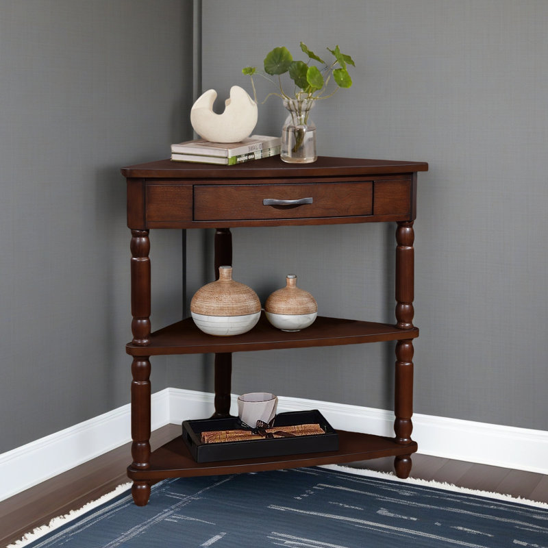 33.8-inch small triangular corner table, suitable for small spaces/living rooms, wooden corner table, three-tier corner table with solid wood legs
