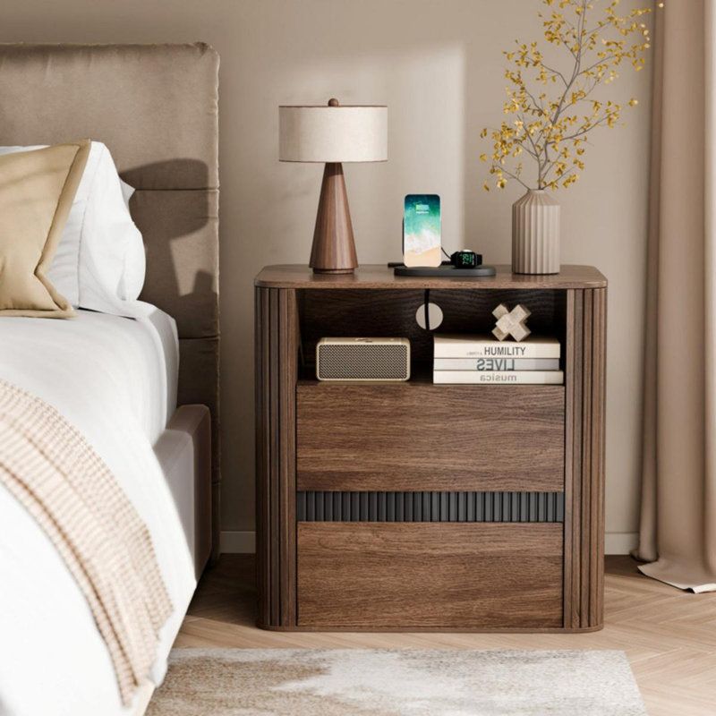 Table de chevet 2 tiroirs avec station de charge, Walnut