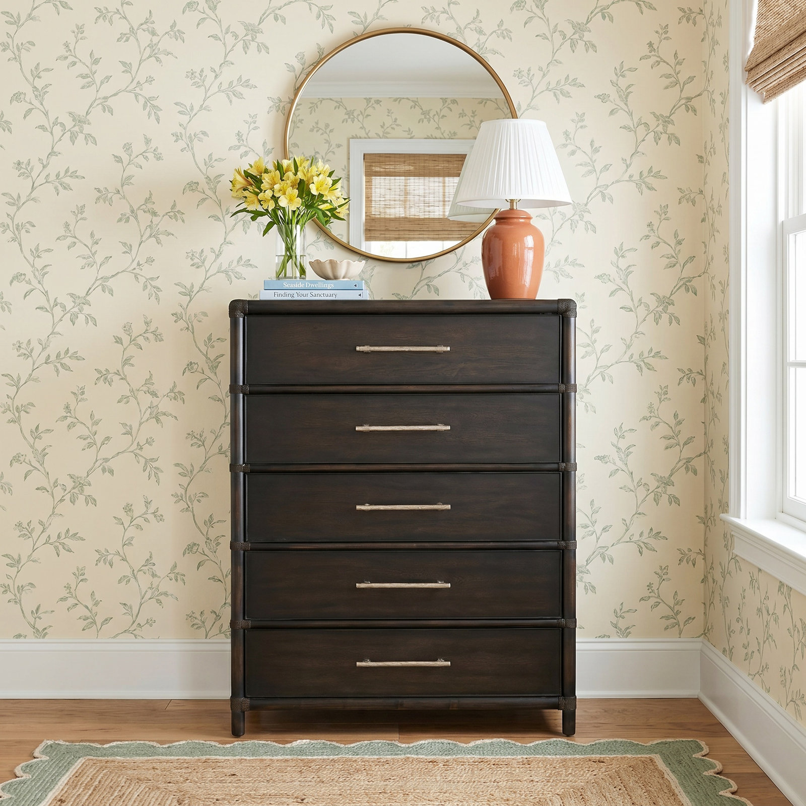 Bellmont 5 - Drawer Dresser, Dark Wood/Black Sand