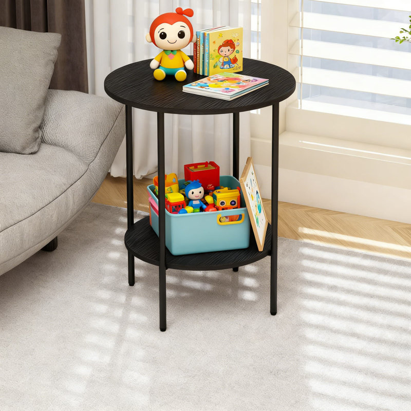 Table de bout ronde avec 2 tablettes de rangement, table d'appoint compacte pour le salon, la chambre à coucher et le bureau, table d'appoint peu encombrante au design industriel