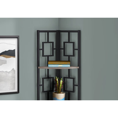 Bibliothèque 62 po à 4 niveaux en métal, stratifié taupe foncé, structure noire, pour le rangement de la chambre à coucher et du bureau Taupe contemporain, métal, décor