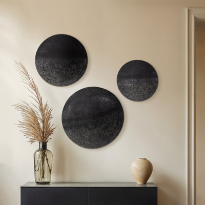 Ensemble de 3 décorations murales rondes en métal texturé 16 po, 20 po et 24 po de style Glam noir pour le salon, la chambre à coucher ou le bureau