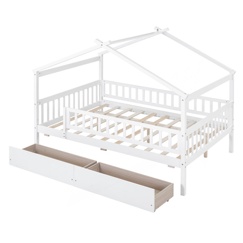 Lit double en bois avec deux tiroirs, blanc