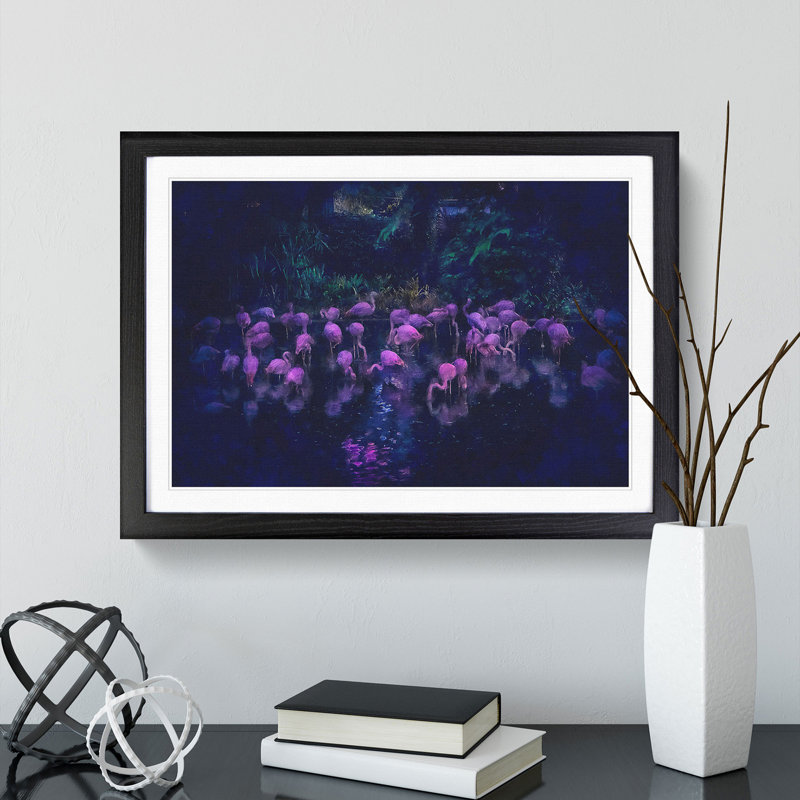 Neon Flamingos - Picture Frame Graphic Art Print, 24cm H x 33cm W x 2cm D, Black Framed
