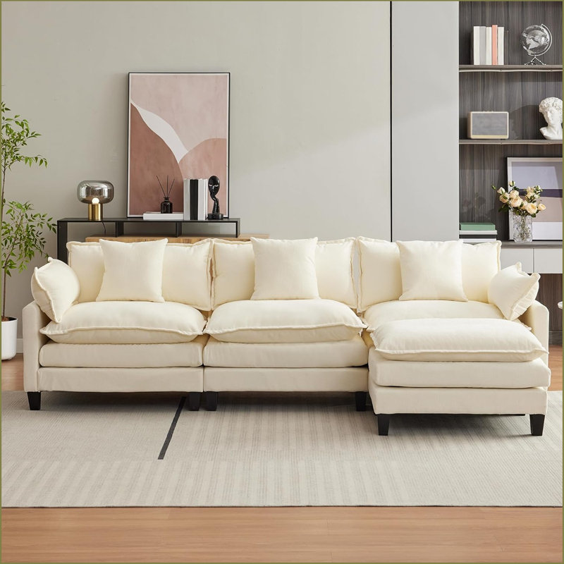 112''L-Shaped Modern Sofa Modular Combination Cloud Sofa With Ottoman 3-Seater Chenille Combo Set With 1 Footstool For Living Room, Bedroom And Apartment