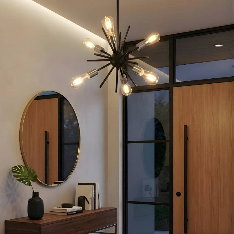 Lustre Sputnik 6 lumières 14 "- noir mat avec douilles dorées, Noir mat / argent