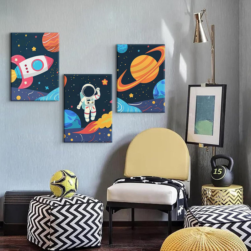 3 Pcs Astronaut Canvas Wall Art Nursery Space Wall Decor Painting Outer Space Planet Pictures Prints Rocketship Posters Explore Dream Galaxy Artwork for Boys Room Ready to Hang(16X24in Canvas)
