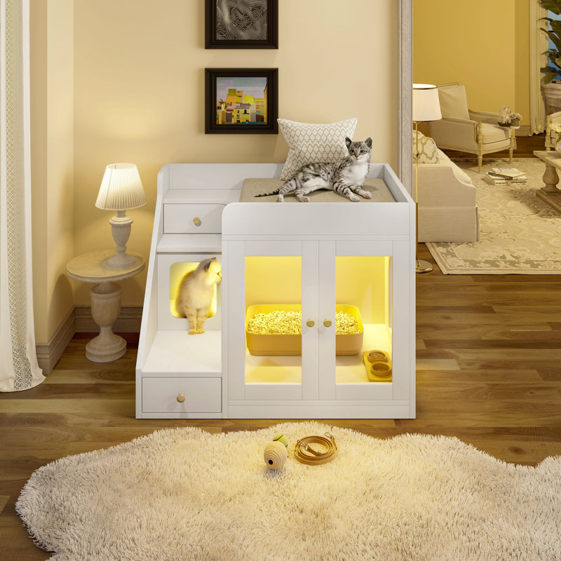 Enceinte de litière pour chat avec lumière, meuble de litière caché avec 2 tiroirs de rangement, table d'appoint pour chat pour le salon