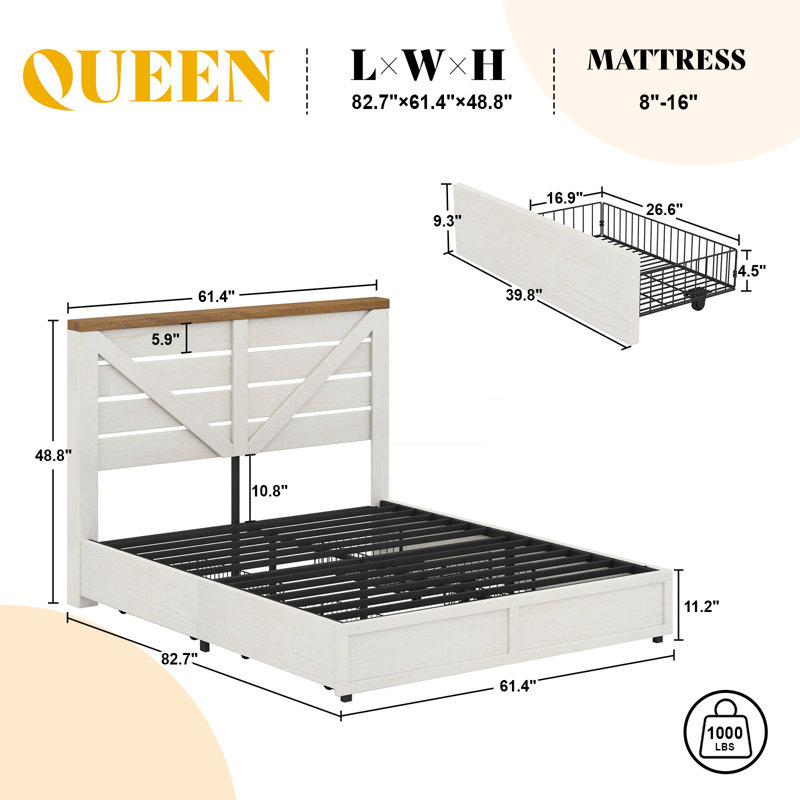 Oceant Farmhouse Queen Size Bed Frame with 4 Drawers, White, Queen, White